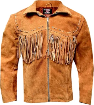R M Men's Western Suede Leather Jacket with fringes Traditional Cowboy Native American Jackets for Men (Large), Brown (RP-786)