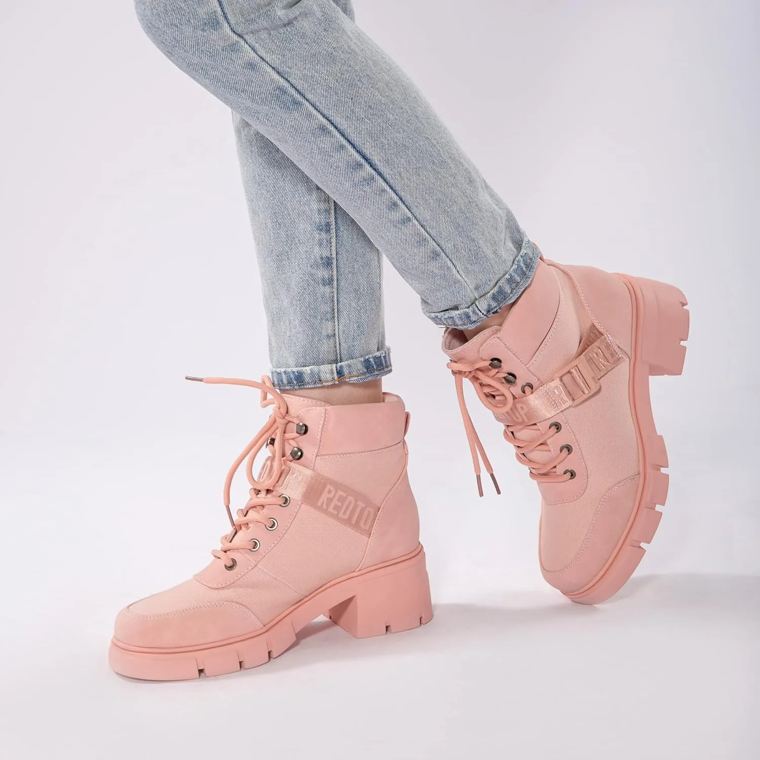 REDTOP Women's Combat Boots Chunky Lug Sole Ankle Boots Lace Up Buckle Casual Shoes