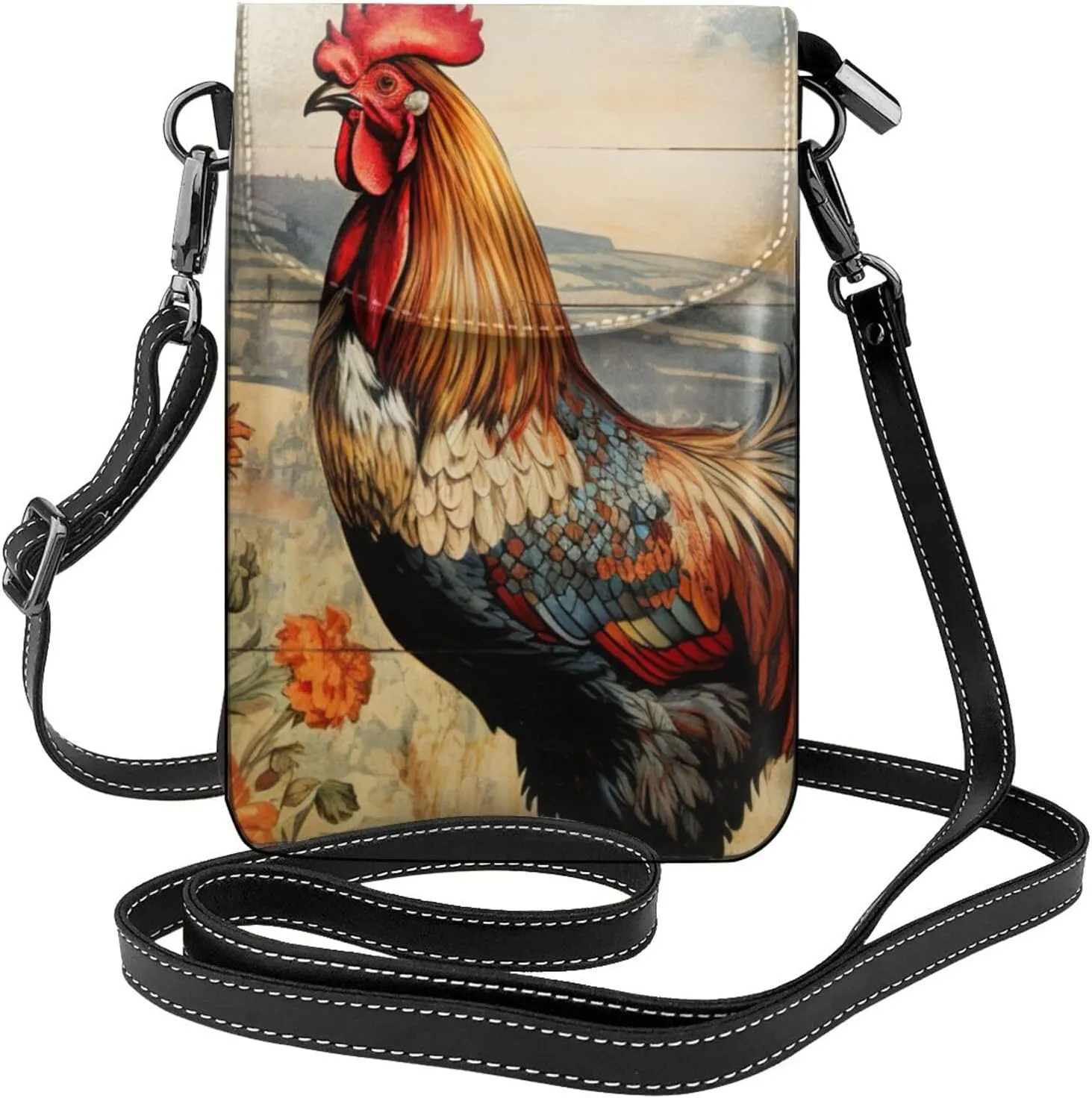 Rooster On Wood In Farmland Lightweight Small Crossbody Bags Cell Phone Purses Travel Pouch Shoulder Bag For Women