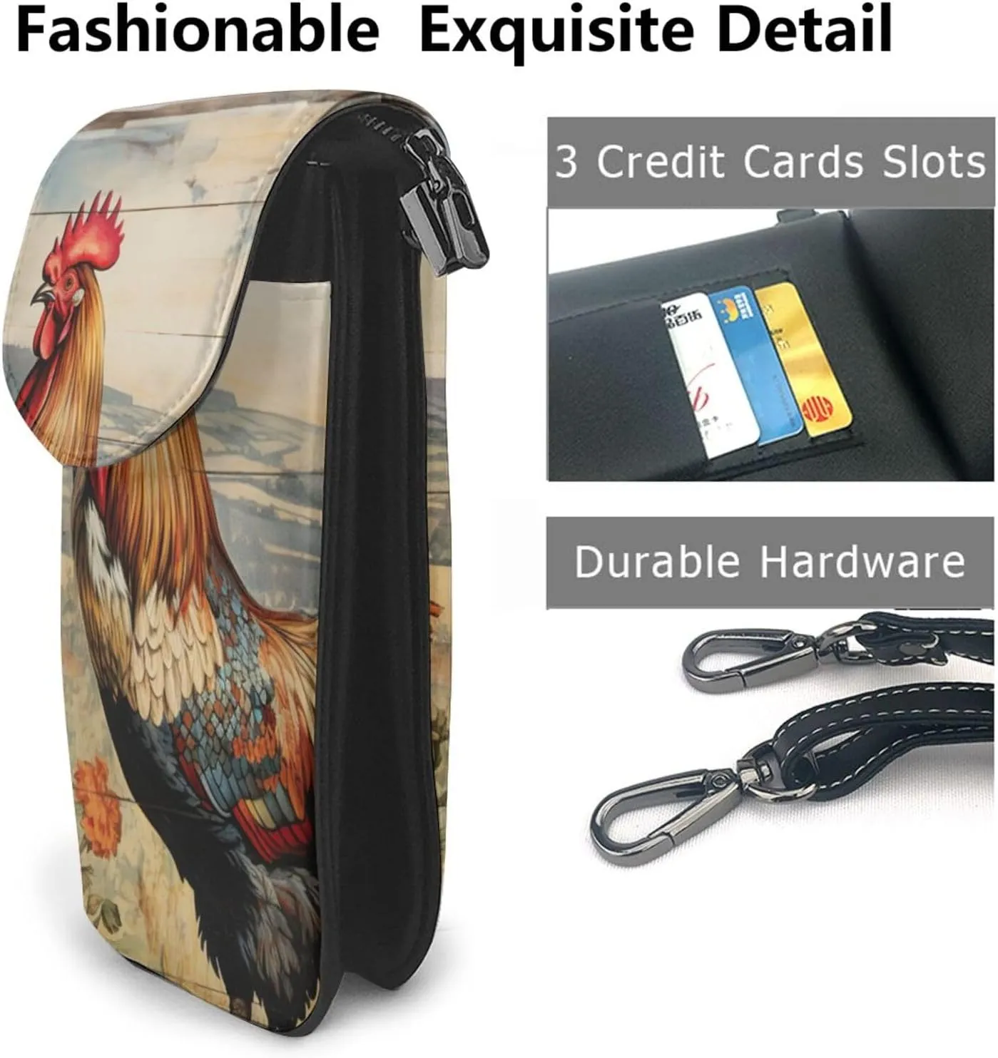 Rooster On Wood In Farmland Lightweight Small Crossbody Bags Cell Phone Purses Travel Pouch Shoulder Bag For Women