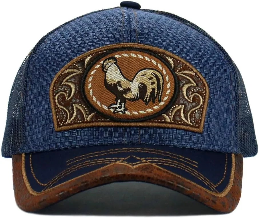 Rooster Straw Cap Mexico Western Style Embroidery Trucker Mesh Snapback Curved Bill Baseball Cap