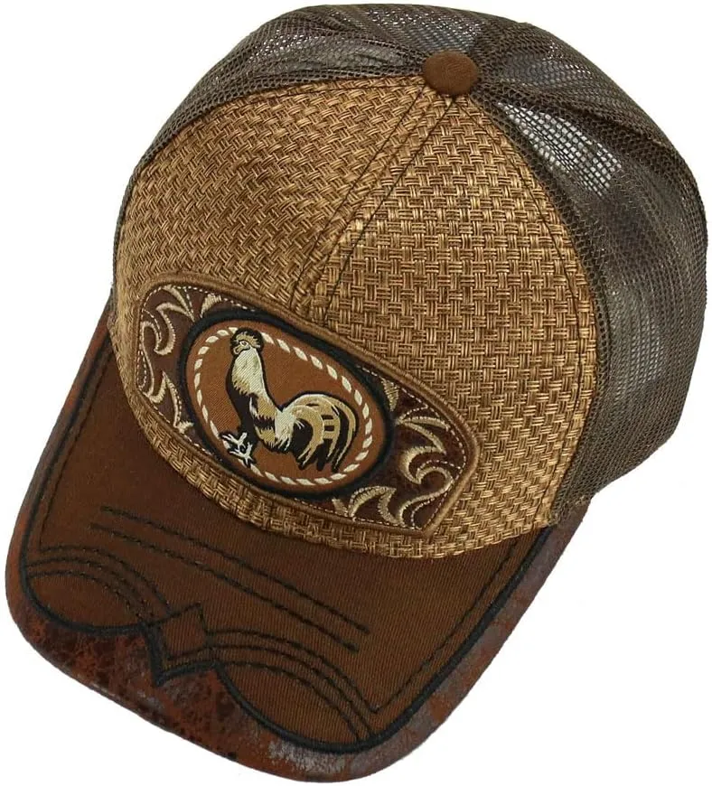 Rooster Straw Cap Mexico Western Style Embroidery Trucker Mesh Snapback Curved Bill Baseball Cap