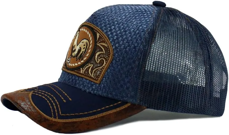 Rooster Straw Cap Mexico Western Style Embroidery Trucker Mesh Snapback Curved Bill Baseball Cap