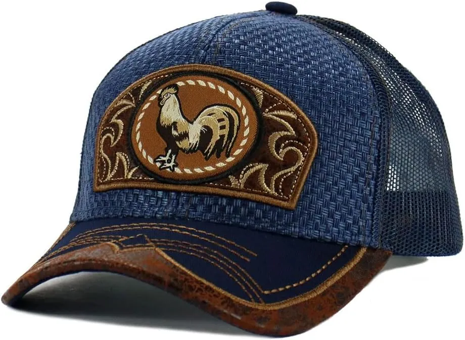 Rooster Straw Cap Mexico Western Style Embroidery Trucker Mesh Snapback Curved Bill Baseball Cap
