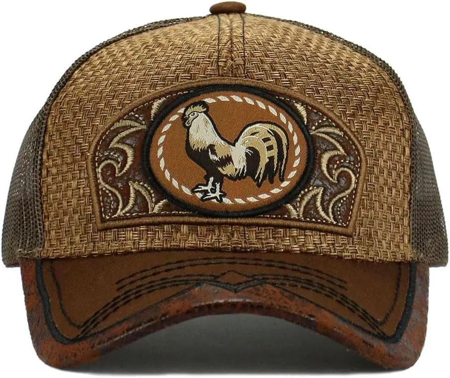Rooster Straw Cap Mexico Western Style Embroidery Trucker Mesh Snapback Curved Bill Baseball Cap
