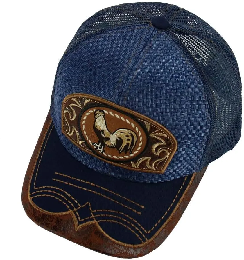 Rooster Straw Cap Mexico Western Style Embroidery Trucker Mesh Snapback Curved Bill Baseball Cap