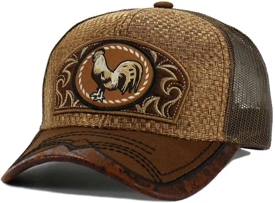 Rooster Straw Cap Mexico Western Style Embroidery Trucker Mesh Snapback Curved Bill Baseball Cap
