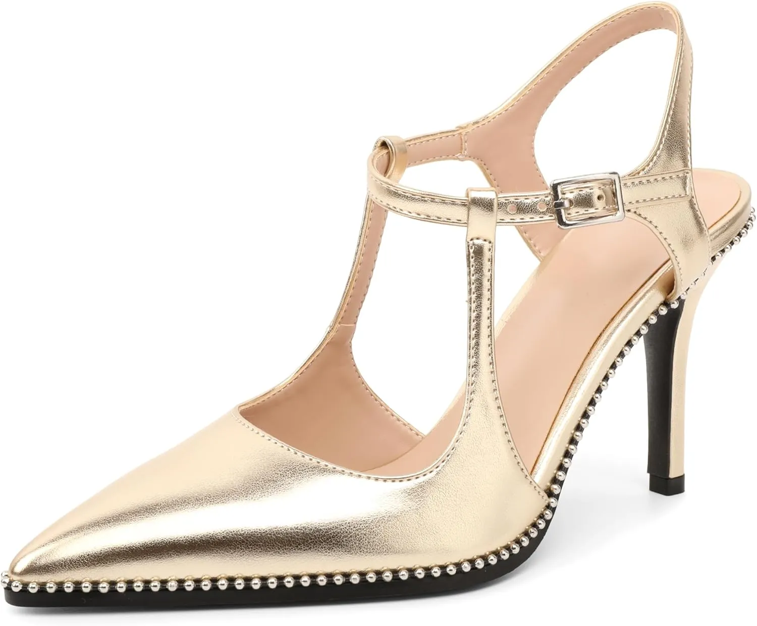 SAMMITOP Womens High Heels Ankle Strap Pointed Toe Stilettos Patent Leather Beaded Pumps Dress Shoes 3.5 Inch