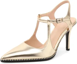 SAMMITOP Womens High Heels Ankle Strap Pointed Toe Stilettos Patent Leather Beaded Pumps Dress Shoes 3.5 Inch