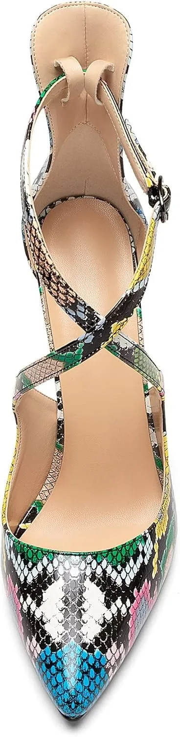SAMMITOP Women's Pointed Toe Stiletto High Heels Crisscross Strappy Pumps Ladies Ankle Buckle Strap Shoes
