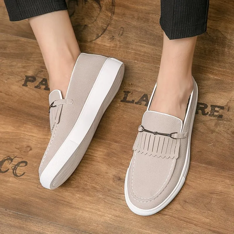 Santimon Mens Suede Loafers Dress Shoes Slip-On Flat Horsebit Loafers for Men Tuxedo Fringed Casual Shoes