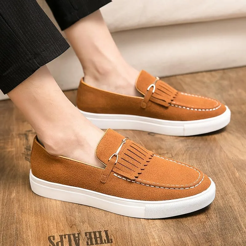 Santimon Mens Suede Loafers Dress Shoes Slip-On Flat Horsebit Loafers for Men Tuxedo Fringed Casual Shoes