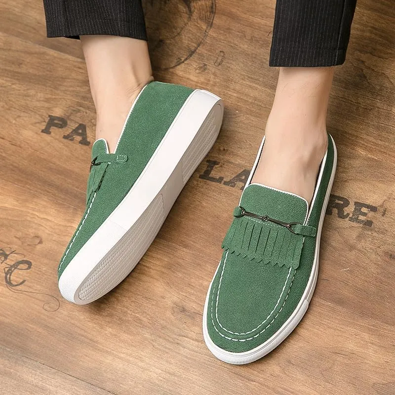 Santimon Mens Suede Loafers Dress Shoes Slip-On Flat Horsebit Loafers for Men Tuxedo Fringed Casual Shoes