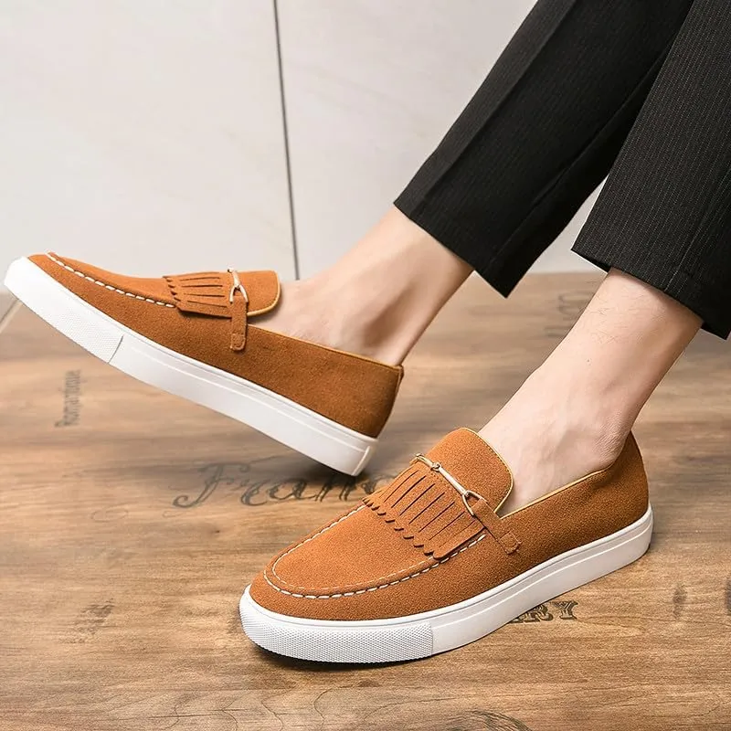 Santimon Mens Suede Loafers Dress Shoes Slip-On Flat Horsebit Loafers for Men Tuxedo Fringed Casual Shoes