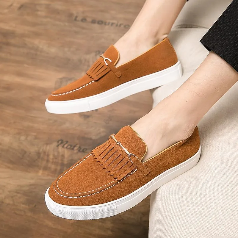 Santimon Mens Suede Loafers Dress Shoes Slip-On Flat Horsebit Loafers for Men Tuxedo Fringed Casual Shoes