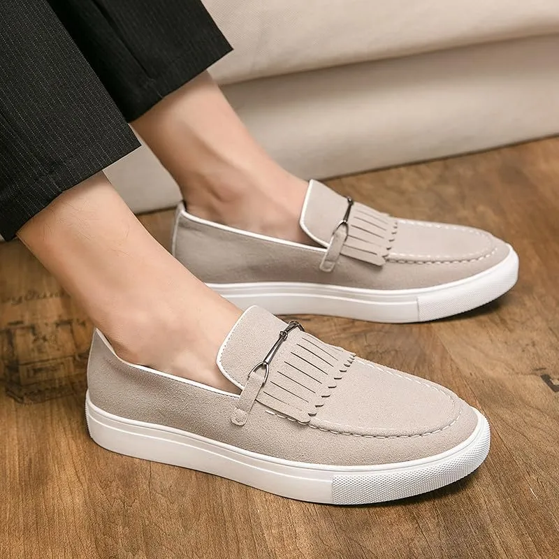 Santimon Mens Suede Loafers Dress Shoes Slip-On Flat Horsebit Loafers for Men Tuxedo Fringed Casual Shoes
