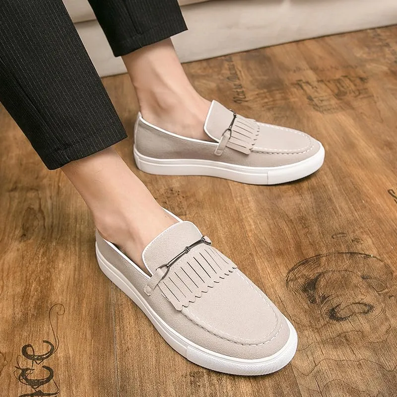 Santimon Mens Suede Loafers Dress Shoes Slip-On Flat Horsebit Loafers for Men Tuxedo Fringed Casual Shoes