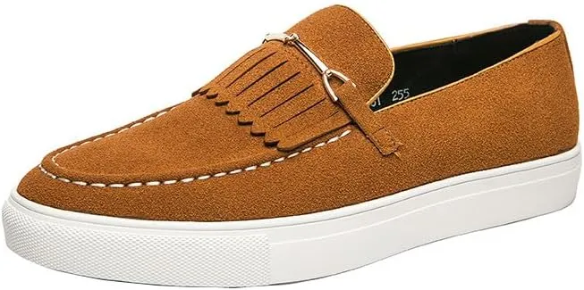 Santimon Mens Suede Loafers Dress Shoes Slip-On Flat Horsebit Loafers for Men Tuxedo Fringed Casual Shoes
