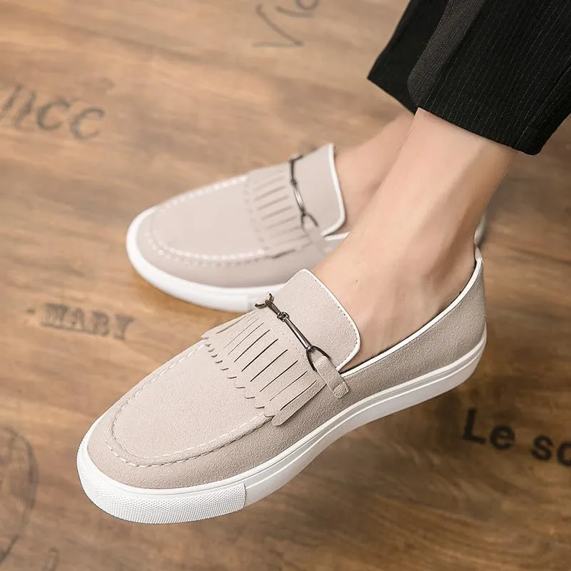 Santimon Mens Suede Loafers Dress Shoes Slip-On Flat Horsebit Loafers for Men Tuxedo Fringed Casual Shoes