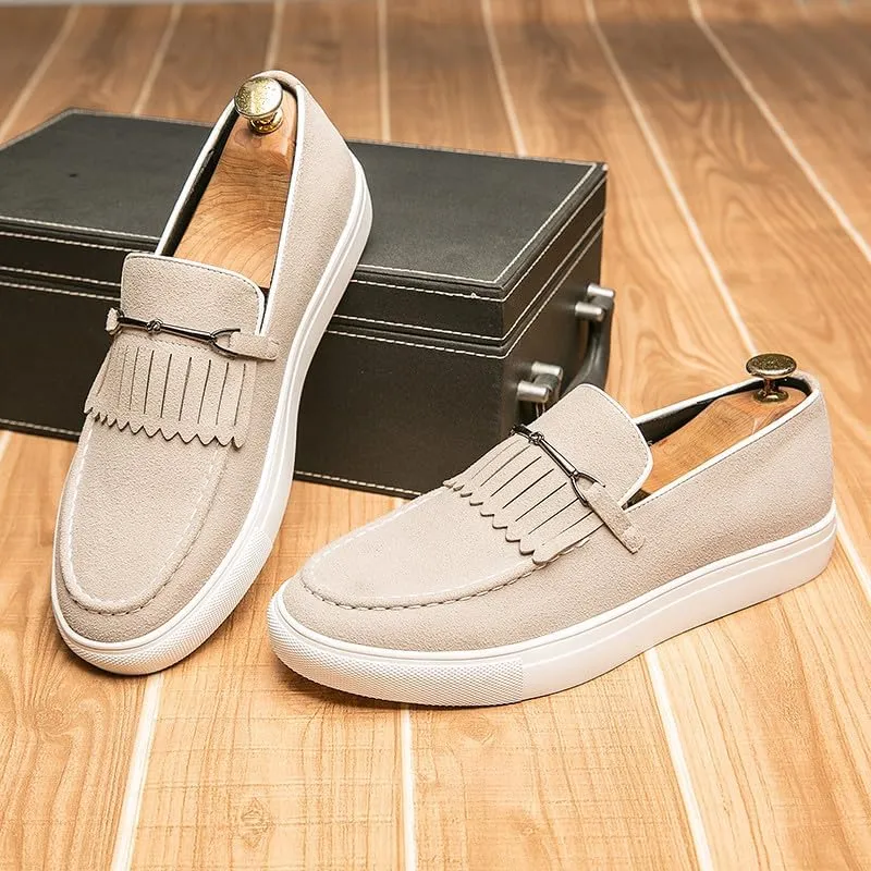 Santimon Mens Suede Loafers Dress Shoes Slip-On Flat Horsebit Loafers for Men Tuxedo Fringed Casual Shoes