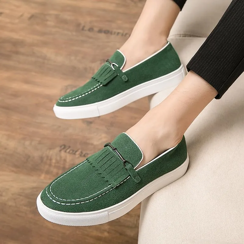 Santimon Mens Suede Loafers Dress Shoes Slip-On Flat Horsebit Loafers for Men Tuxedo Fringed Casual Shoes