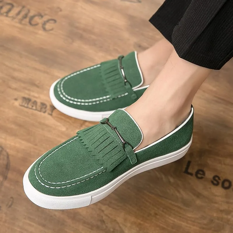 Santimon Mens Suede Loafers Dress Shoes Slip-On Flat Horsebit Loafers for Men Tuxedo Fringed Casual Shoes
