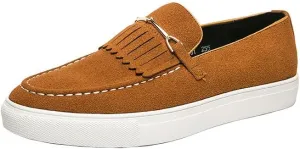 Santimon Mens Suede Loafers Dress Shoes Slip-On Flat Horsebit Loafers for Men Tuxedo Fringed Casual Shoes