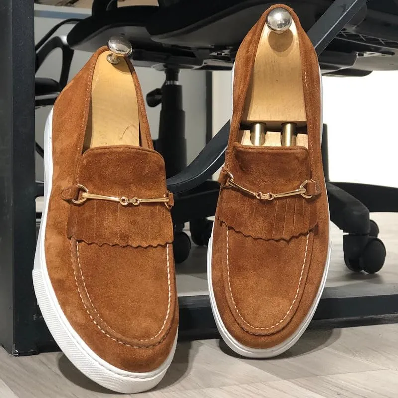 Santimon Mens Suede Loafers Dress Shoes Slip-On Flat Horsebit Loafers for Men Tuxedo Fringed Casual Shoes