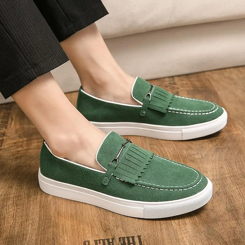 Santimon Mens Suede Loafers Dress Shoes Slip-On Flat Horsebit Loafers for Men Tuxedo Fringed Casual Shoes