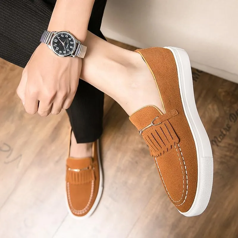 Santimon Mens Suede Loafers Dress Shoes Slip-On Flat Horsebit Loafers for Men Tuxedo Fringed Casual Shoes