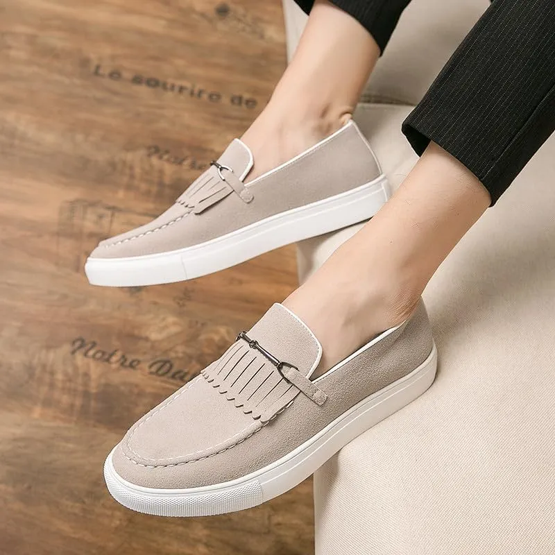 Santimon Mens Suede Loafers Dress Shoes Slip-On Flat Horsebit Loafers for Men Tuxedo Fringed Casual Shoes