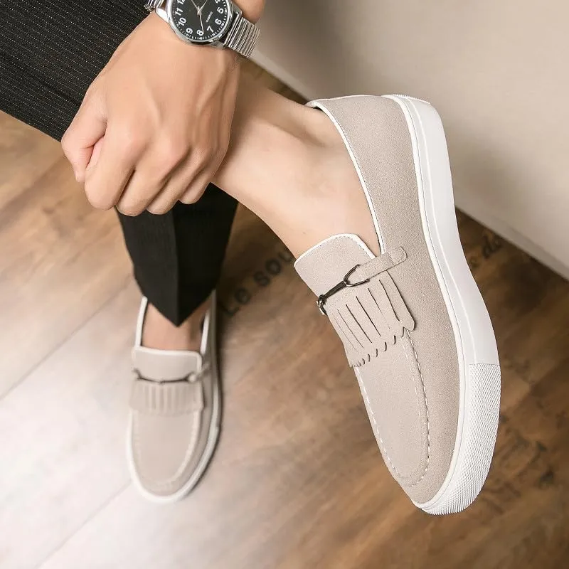 Santimon Mens Suede Loafers Dress Shoes Slip-On Flat Horsebit Loafers for Men Tuxedo Fringed Casual Shoes