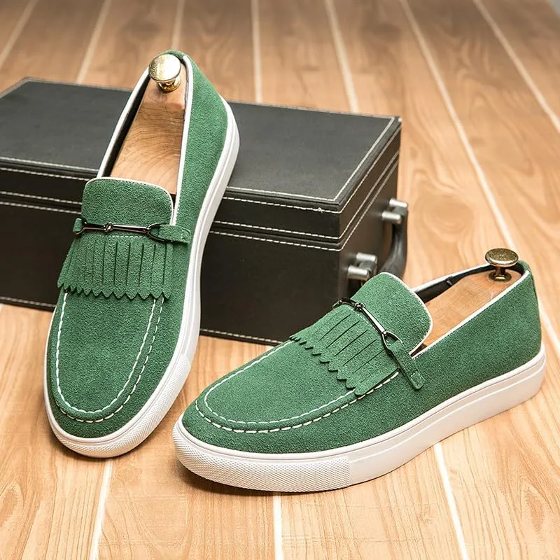 Santimon Mens Suede Loafers Dress Shoes Slip-On Flat Horsebit Loafers for Men Tuxedo Fringed Casual Shoes