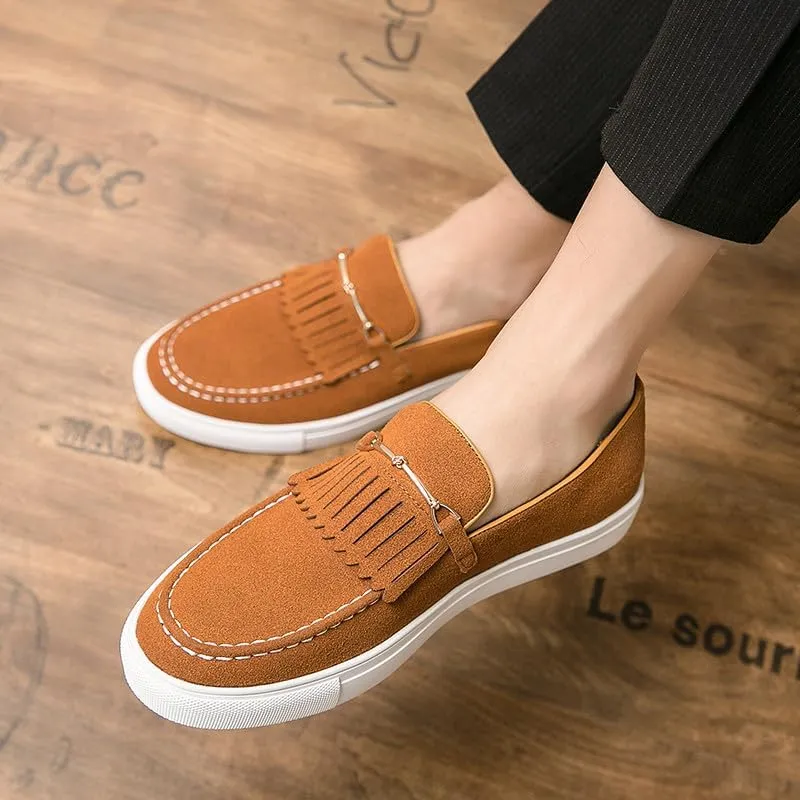 Santimon Mens Suede Loafers Dress Shoes Slip-On Flat Horsebit Loafers for Men Tuxedo Fringed Casual Shoes