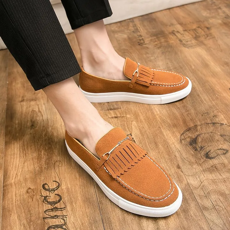 Santimon Mens Suede Loafers Dress Shoes Slip-On Flat Horsebit Loafers for Men Tuxedo Fringed Casual Shoes