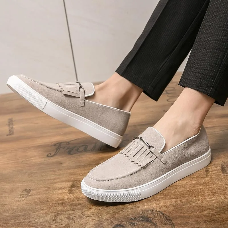 Santimon Mens Suede Loafers Dress Shoes Slip-On Flat Horsebit Loafers for Men Tuxedo Fringed Casual Shoes