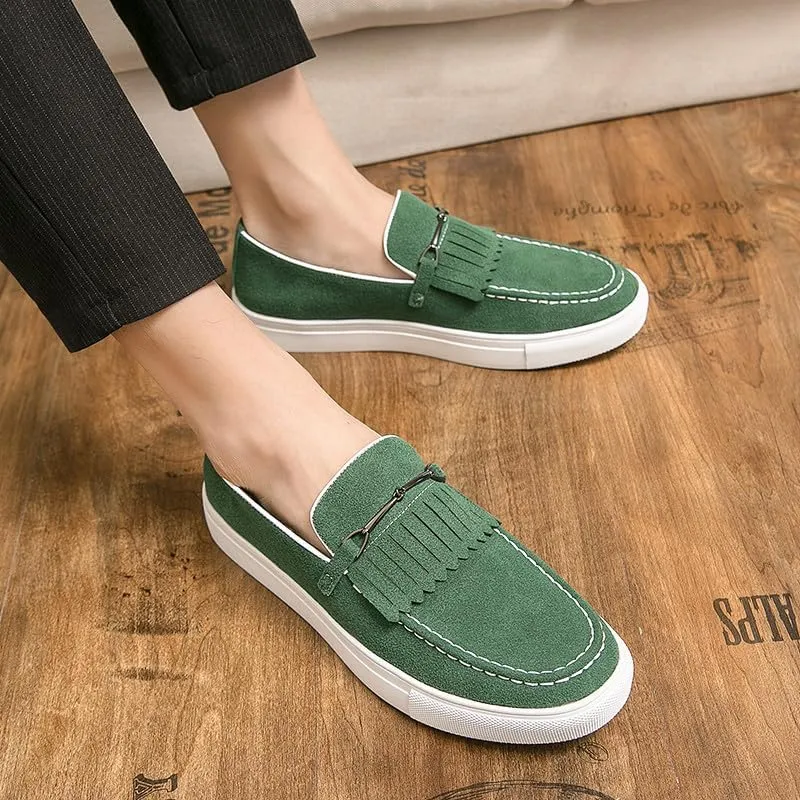 Santimon Mens Suede Loafers Dress Shoes Slip-On Flat Horsebit Loafers for Men Tuxedo Fringed Casual Shoes