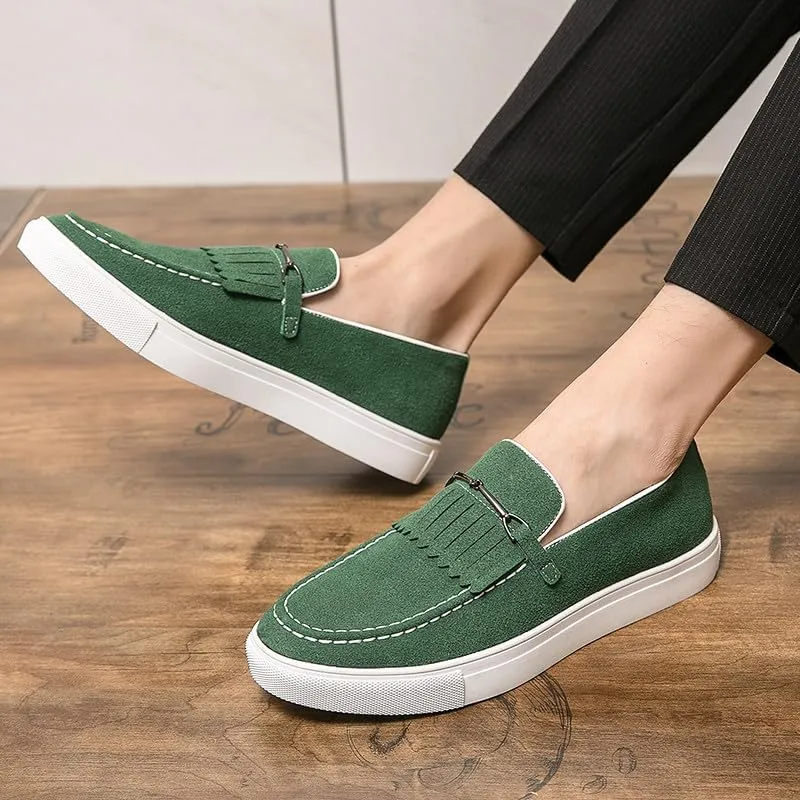 Santimon Mens Suede Loafers Dress Shoes Slip-On Flat Horsebit Loafers for Men Tuxedo Fringed Casual Shoes