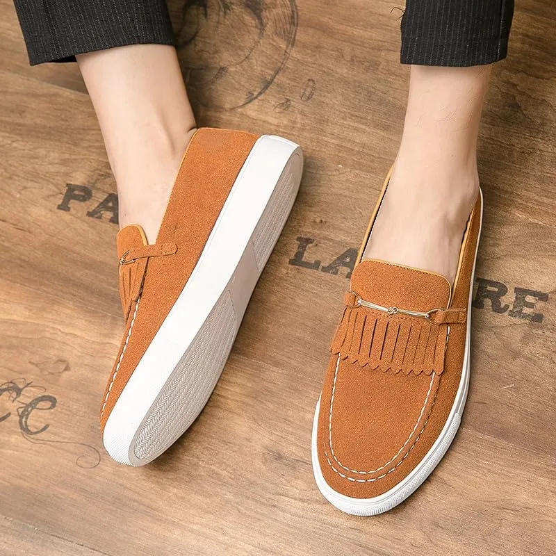 Santimon Mens Suede Loafers Dress Shoes Slip-On Flat Horsebit Loafers for Men Tuxedo Fringed Casual Shoes