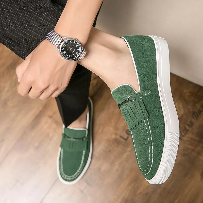 Santimon Mens Suede Loafers Dress Shoes Slip-On Flat Horsebit Loafers for Men Tuxedo Fringed Casual Shoes