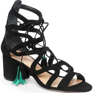 Schutz Ryder Gladiator Sandal Black Suede Color Fringed Tassel Block City Heel