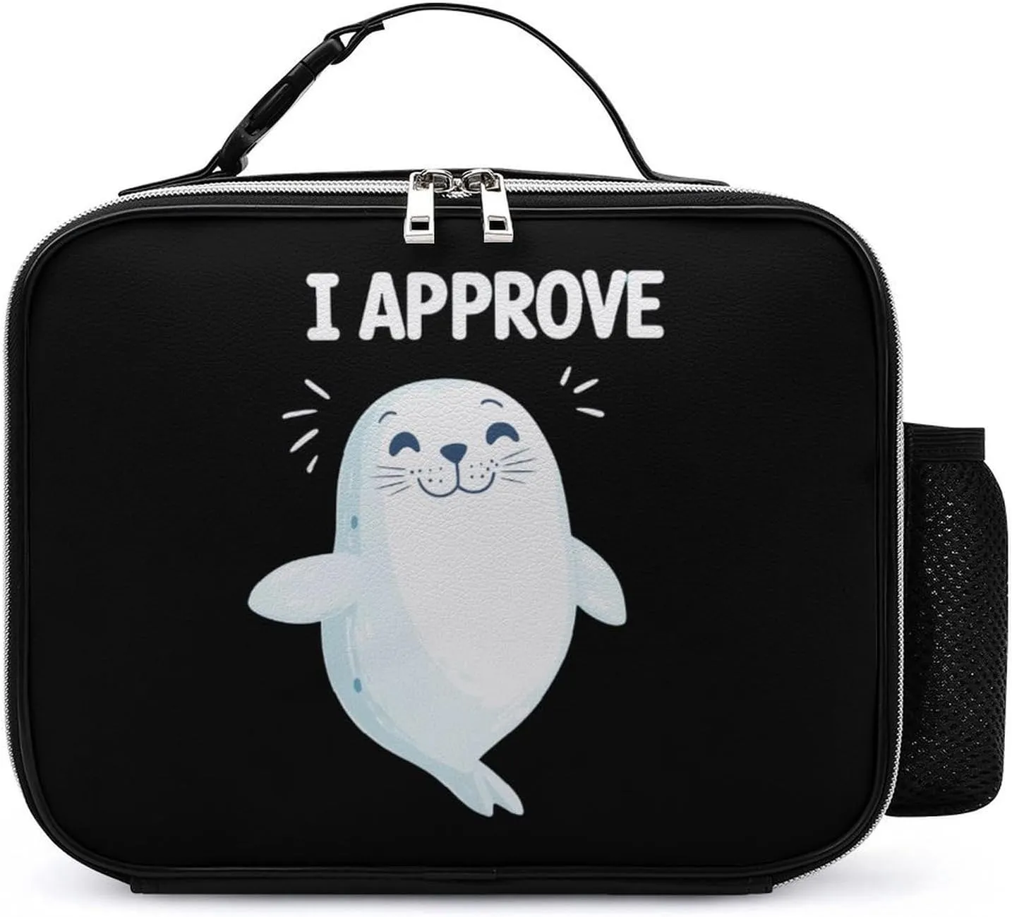 Seal of Approval Insulated Lunch Box Container Portable Leather Meal Tote Bag with Detachable Buckled Handle for Unisex