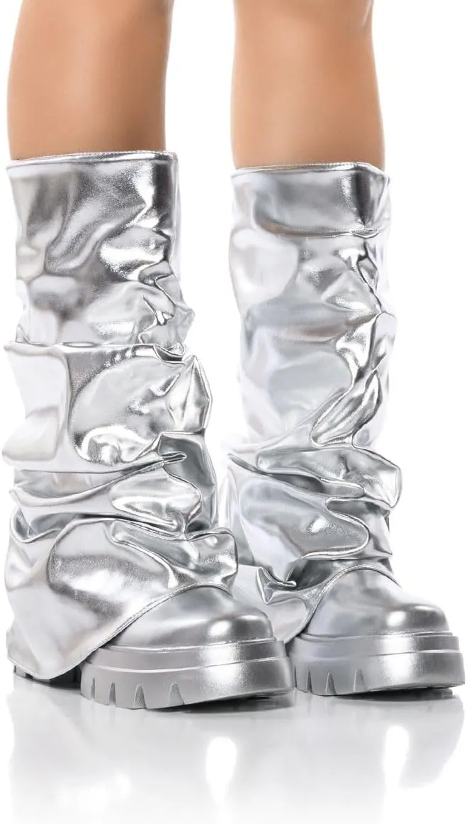 sexytag Women's Metallic Boots Slouchy Foldover Platform Round Toe Western Pull-On Fashion Boots