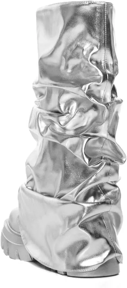 sexytag Women's Metallic Boots Slouchy Foldover Platform Round Toe Western Pull-On Fashion Boots