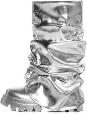 sexytag Women's Metallic Boots Slouchy Foldover Platform Round Toe Western Pull-On Fashion Boots