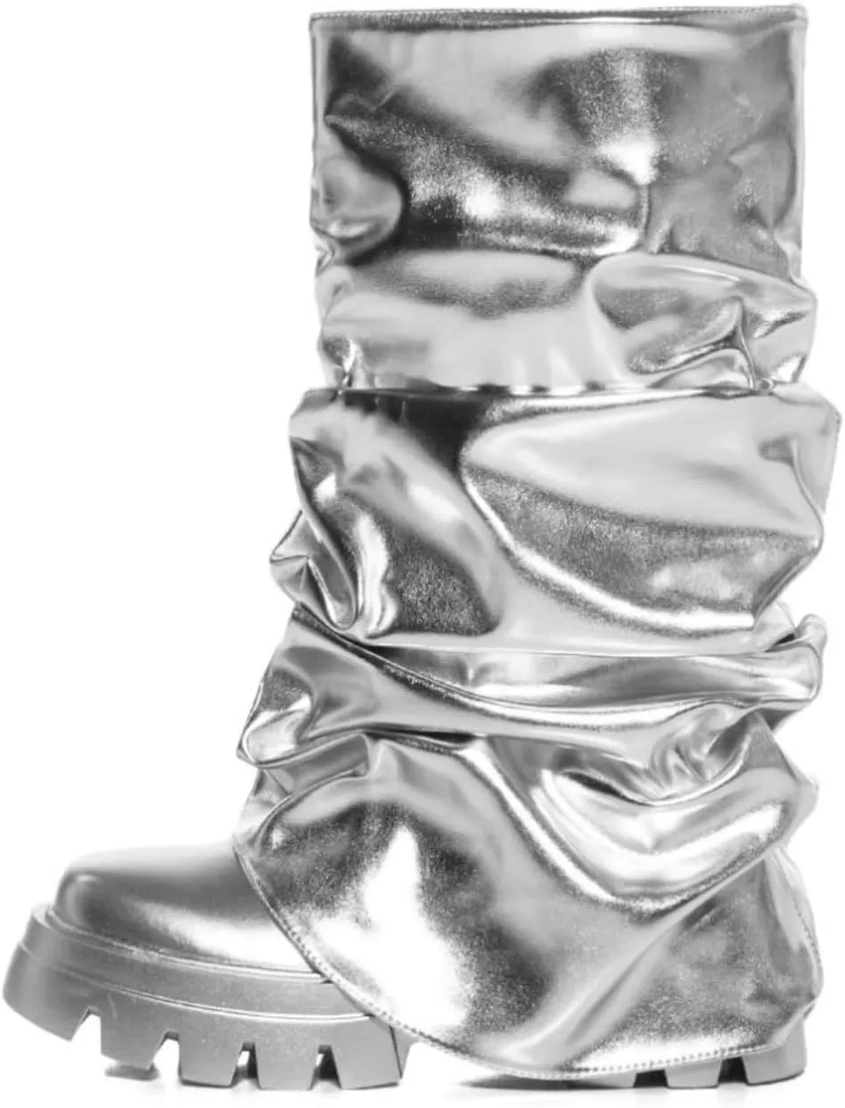 sexytag Women's Metallic Boots Slouchy Foldover Platform Round Toe Western Pull-On Fashion Boots