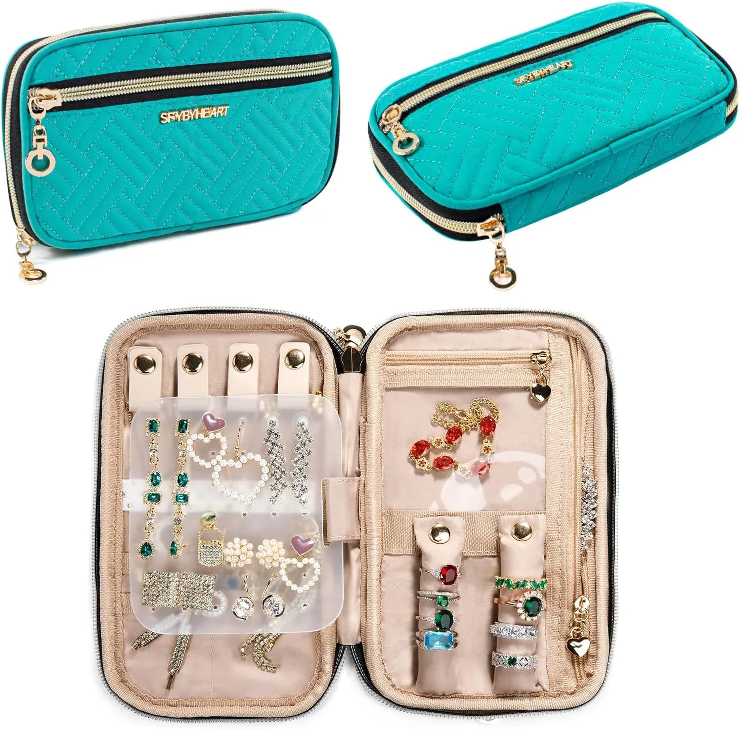 SFYBYHEART Travel Jewelry Organizer Case, Jewelry Travel Bags for Women, Small Travel Jewelry Case for Tangle-Free Earrings, Necklaces, Rings Storage, Travel Accessories, Teal