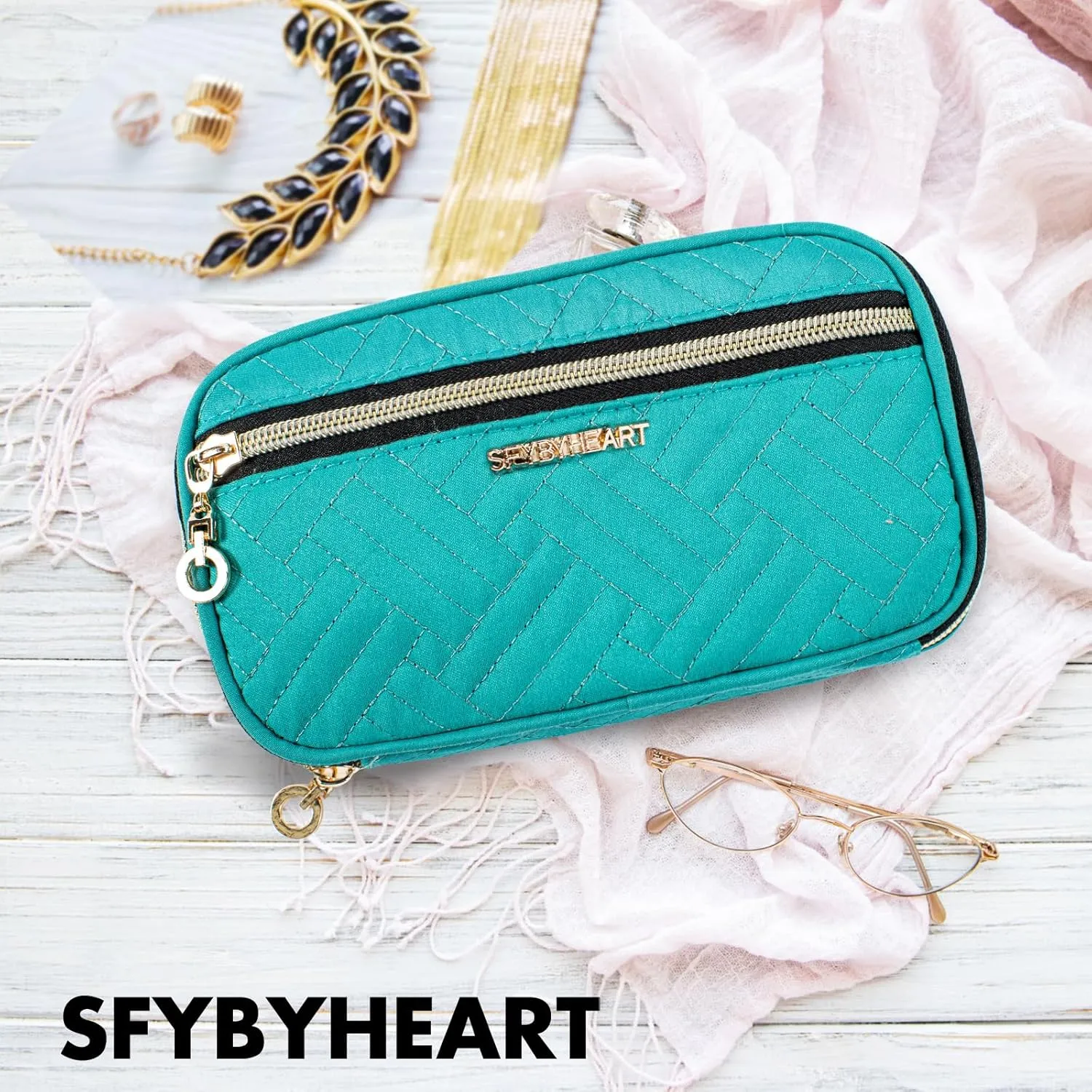 SFYBYHEART Travel Jewelry Organizer Case, Jewelry Travel Bags for Women, Small Travel Jewelry Case for Tangle-Free Earrings, Necklaces, Rings Storage, Travel Accessories, Teal