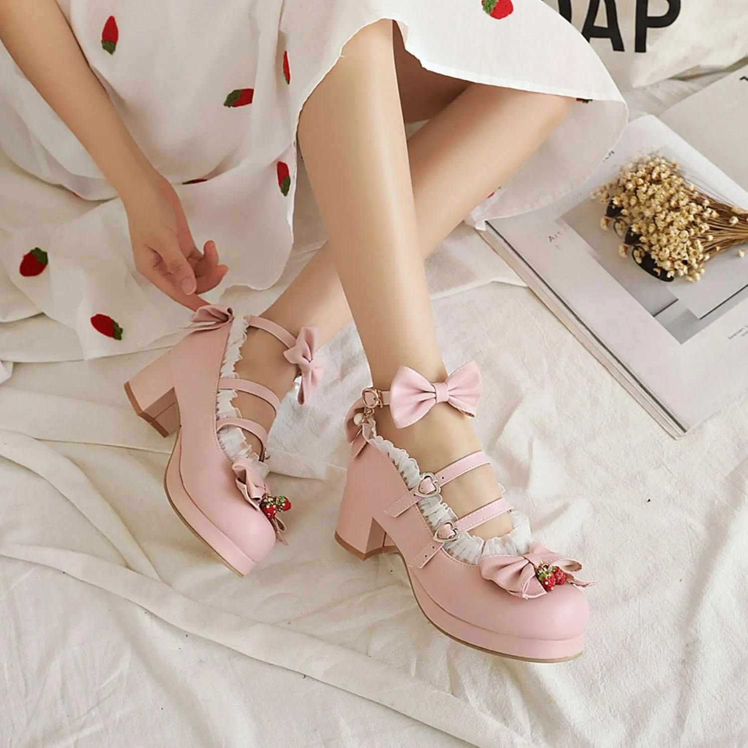 SHEMEE Women's Kawaii Sweet Bow Cosplay Dress Shoes Chunky Platform Mid Block Heels Buckle Ankle Strap Mary Jane Pumps