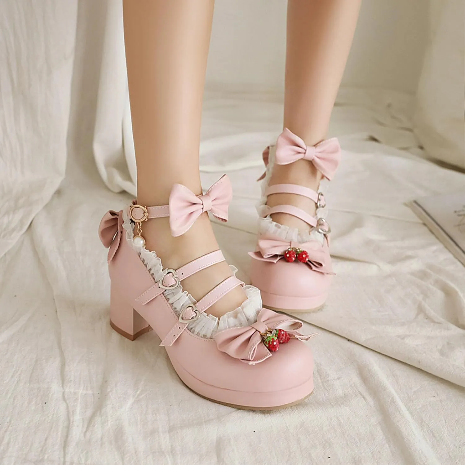 SHEMEE Women's Kawaii Sweet Bow Cosplay Dress Shoes Chunky Platform Mid Block Heels Buckle Ankle Strap Mary Jane Pumps